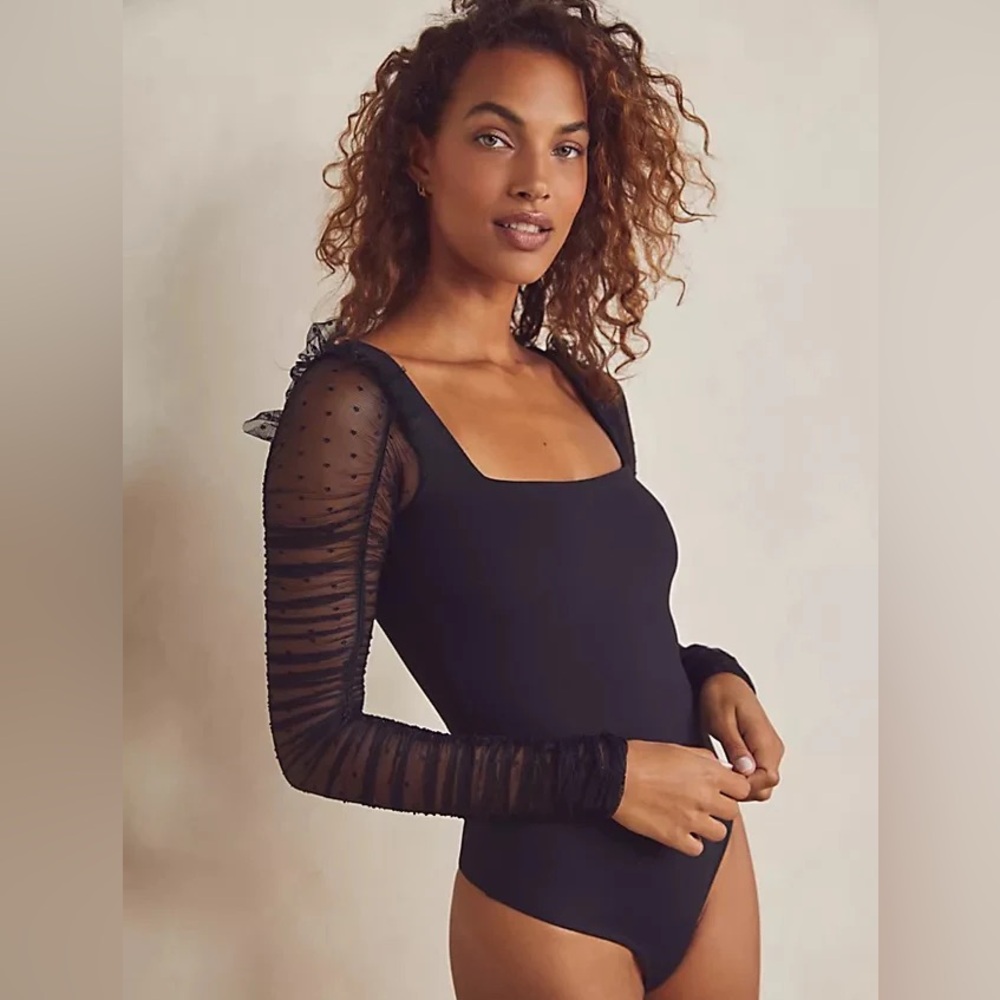 Intimately Free People Black Ruched Sheer Polka Dot Long Sleeve Bodysuit Small